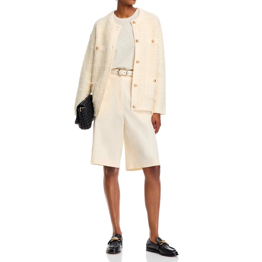 Aqua Women's Cream‎ Boucle Knit Cardigan Gold Button Front Pockets M